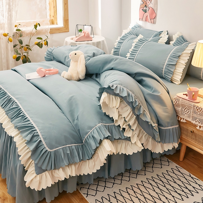 91家纺网 家纺一手货源 找家纺 沐珩家纺 2026新款荷叶边亲肤磨毛单床裙—流年系列 流年-湖蓝