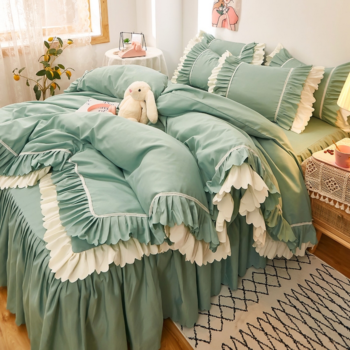 91家纺网 家纺一手货源 找家纺 沐珩家纺 2026新款荷叶边亲肤磨毛单床裙—流年系列 流年-水绿