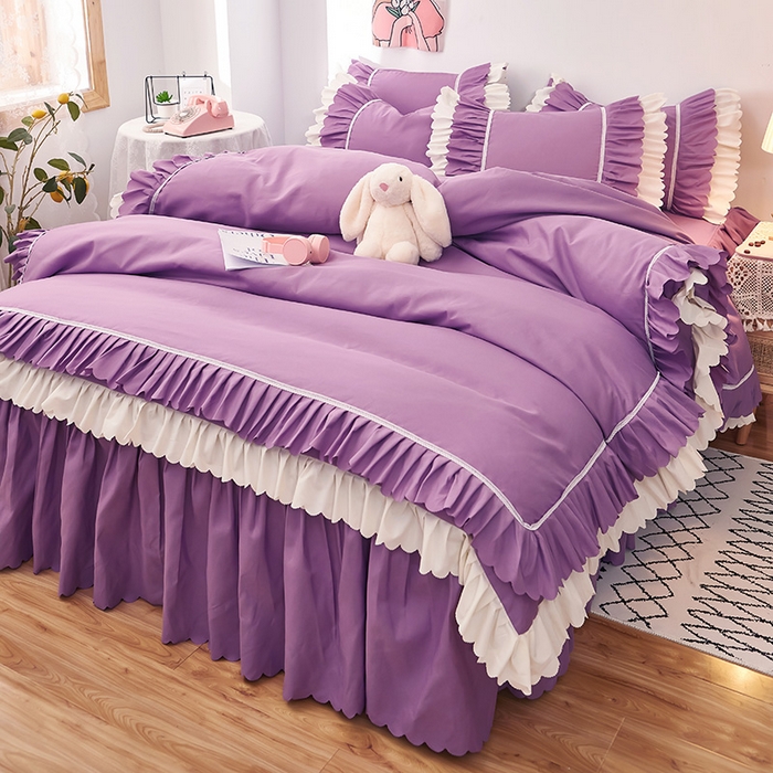 91家纺网 家纺一手货源 找家纺 沐珩家纺 2026新款荷叶边亲肤磨毛单床裙—流年系列 流年-黛紫