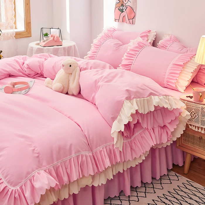 91家纺网 家纺一手货源 找家纺 沐珩家纺 2026新款荷叶边亲肤磨毛单床裙—流年系列 流年-樱粉