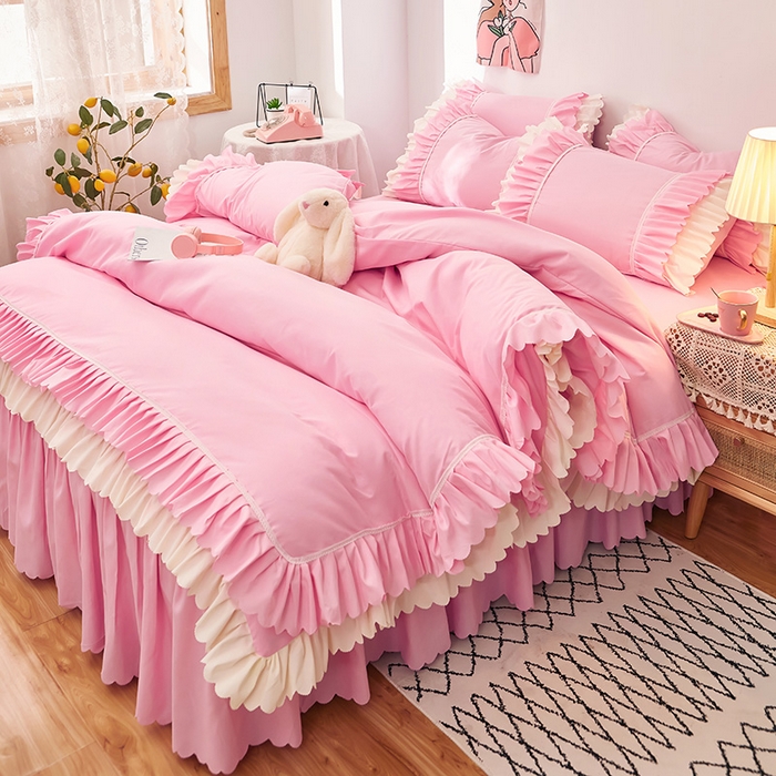 91家纺网 家纺一手货源 找家纺 沐珩家纺 2026新款荷叶边亲肤磨毛单床裙—流年系列 流年-樱粉