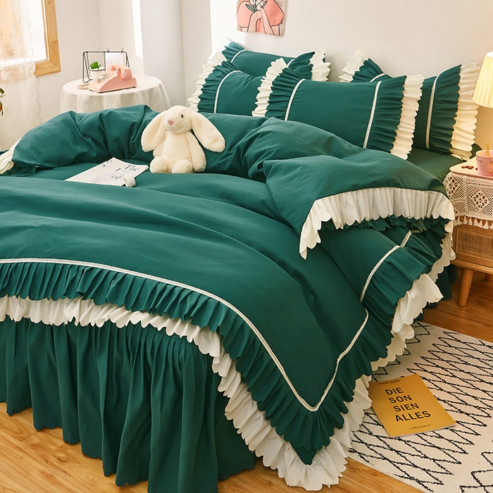 91家纺网 家纺一手货源 找家纺 沐珩家纺 2026新款荷叶边亲肤磨毛单床裙—流年系列 流年-墨绿