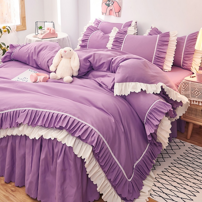 91家纺网 家纺一手货源 找家纺 沐珩家纺 2026新款荷叶边亲肤磨毛单床裙—流年系列 流年-黛紫