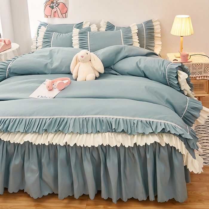 91家纺网 家纺一手货源 找家纺 沐珩家纺 2026新款荷叶边亲肤磨毛单床裙—流年系列 流年-湖蓝