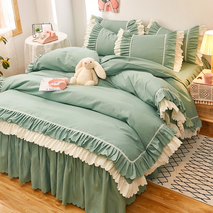 91家纺网 家纺一手货源 找家纺 沐珩家纺 2026新款荷叶边亲肤磨毛单床裙—流年系列 流年-水绿