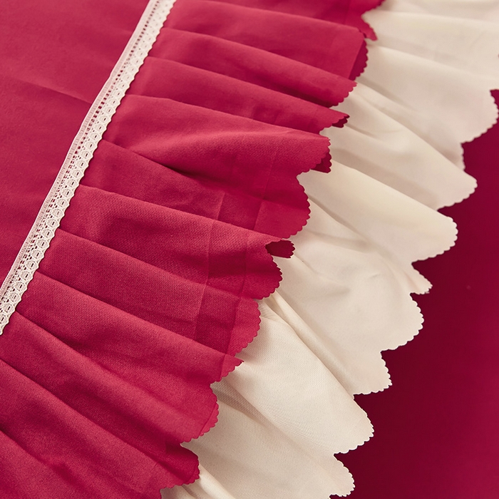 91家纺网 家纺一手货源 找家纺 沐珩家纺 2026新款荷叶边亲肤磨毛单床裙—流年系列 流年-酒红