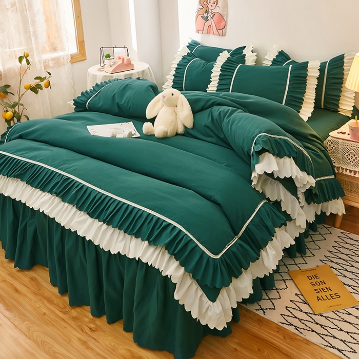 91家纺网 家纺一手货源 找家纺 沐珩家纺 2026新款荷叶边亲肤磨毛单床裙—流年系列 流年-墨绿