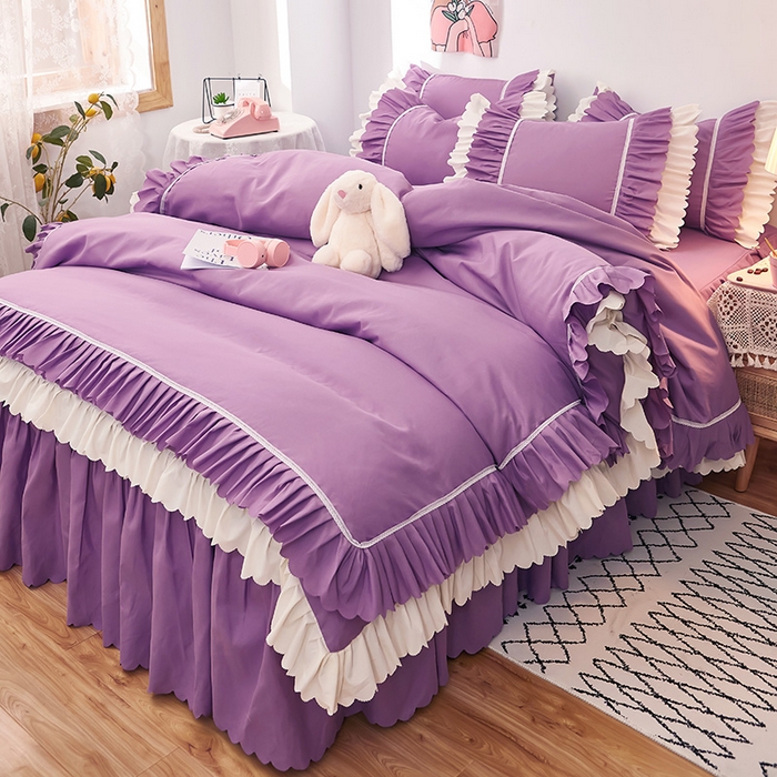 91家纺网 家纺一手货源 找家纺 沐珩家纺 2026新款荷叶边亲肤磨毛单床裙—流年系列 流年-黛紫