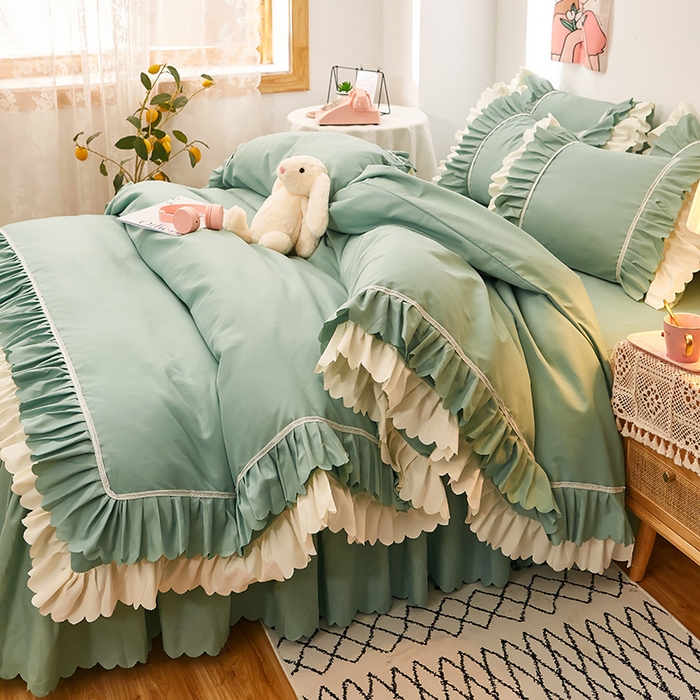 91家纺网 家纺一手货源 找家纺 沐珩家纺 2026新款荷叶边亲肤磨毛单床裙—流年系列 流年-水绿