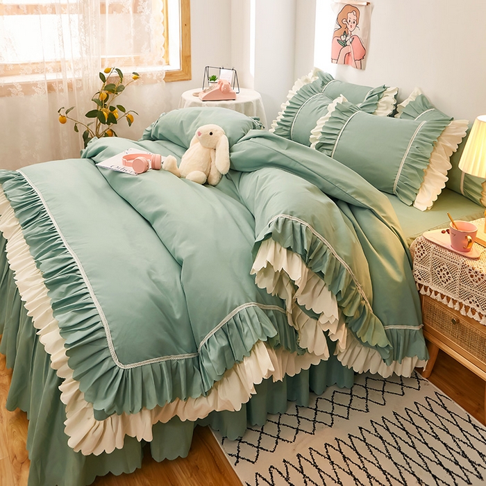 91家纺网 家纺一手货源 找家纺 沐珩家纺 2026新款荷叶边亲肤磨毛单床裙—流年系列 流年-水绿