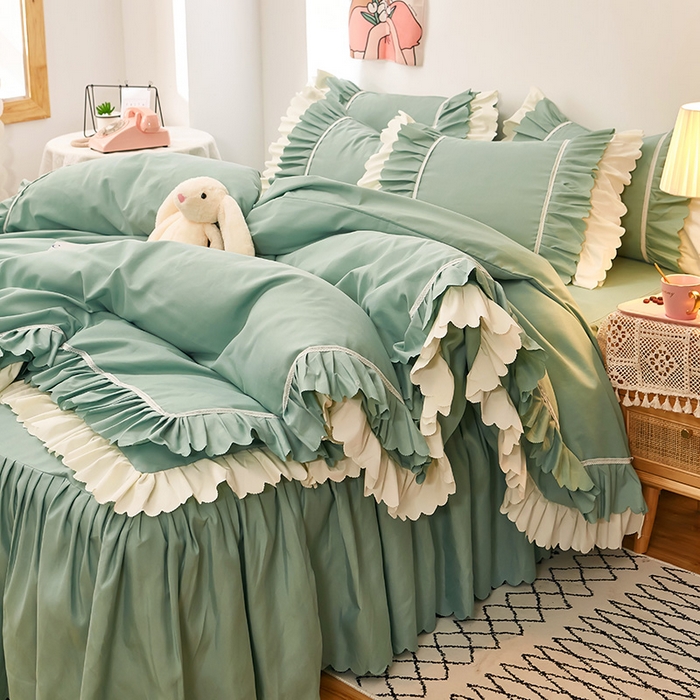 91家纺网 家纺一手货源 找家纺 沐珩家纺 2026新款荷叶边亲肤磨毛单床裙—流年系列 流年-水绿