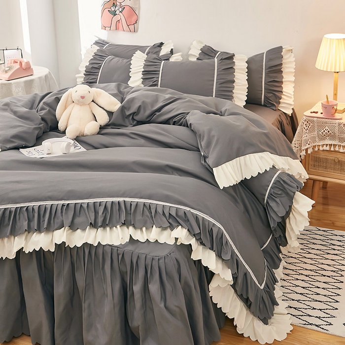 91家纺网 家纺一手货源 找家纺 沐珩家纺 2026新款荷叶边亲肤磨毛单床裙—流年系列 流年-深灰