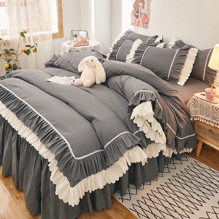 91家纺网 家纺一手货源 找家纺 沐珩家纺 2026新款荷叶边亲肤磨毛单床裙—流年系列 流年-深灰