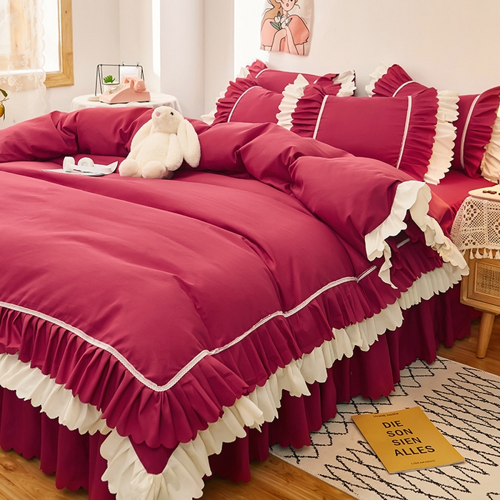 91家纺网 家纺一手货源 找家纺 沐珩家纺 2026新款荷叶边亲肤磨毛单床裙—流年系列 流年-酒红