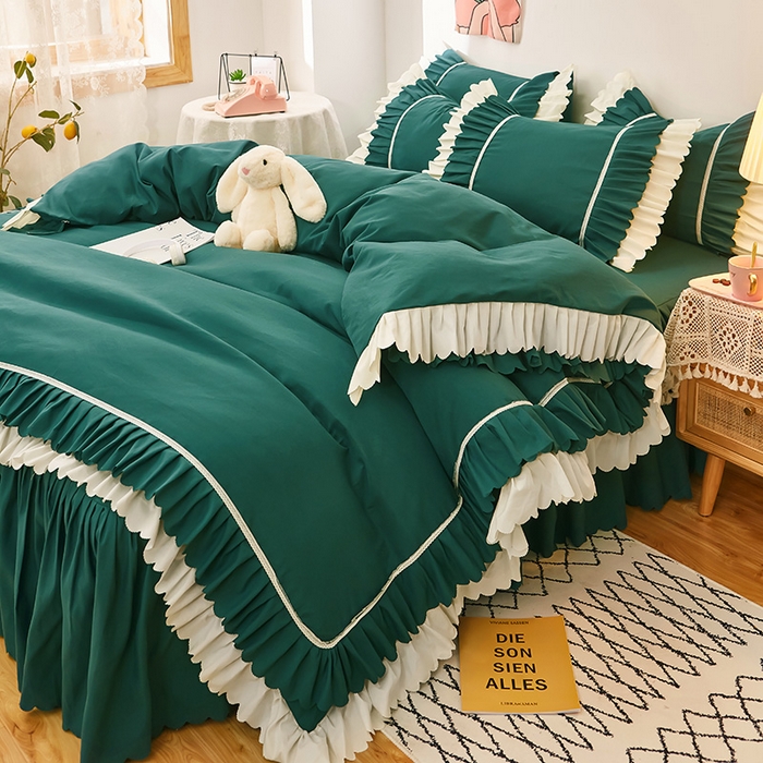 91家纺网 家纺一手货源 找家纺 沐珩家纺 2026新款荷叶边亲肤磨毛单床裙—流年系列 流年-墨绿