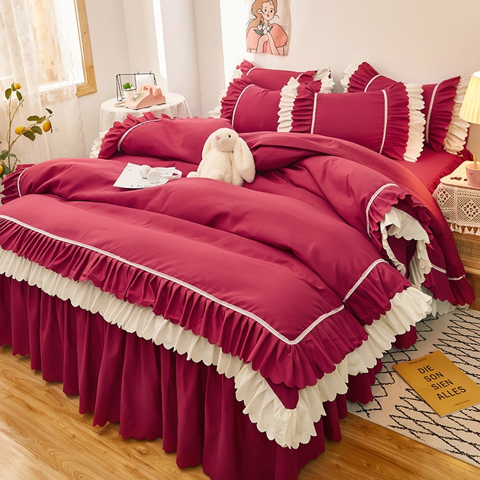 91家纺网 家纺一手货源 找家纺 沐珩家纺 2026新款荷叶边亲肤磨毛单床裙—流年系列 流年-酒红