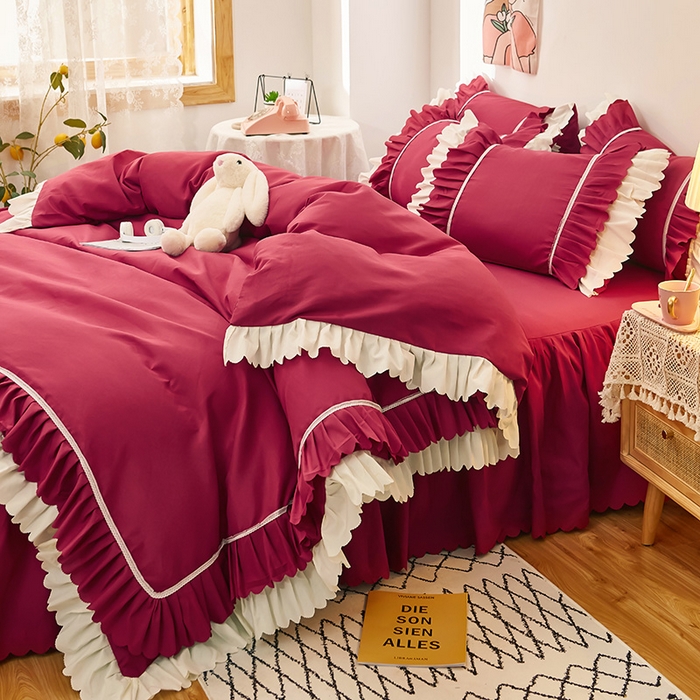 91家纺网 家纺一手货源 找家纺 沐珩家纺 2026新款荷叶边亲肤磨毛单床裙—流年系列 流年-酒红