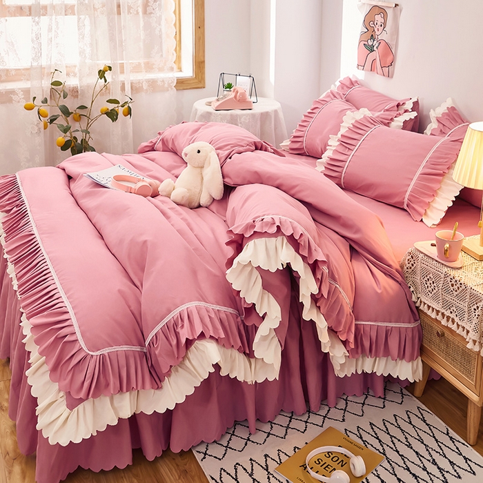 91家纺网 家纺一手货源 找家纺 沐珩家纺 2026新款荷叶边亲肤磨毛单床裙—流年系列 流年-豆沙