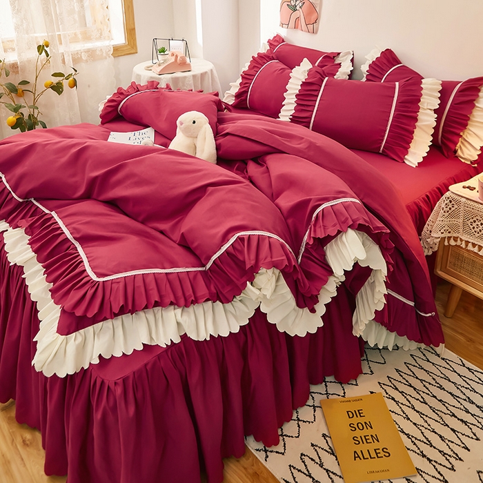 91家纺网 家纺一手货源 找家纺 沐珩家纺 2026新款荷叶边亲肤磨毛单床裙—流年系列 流年-酒红