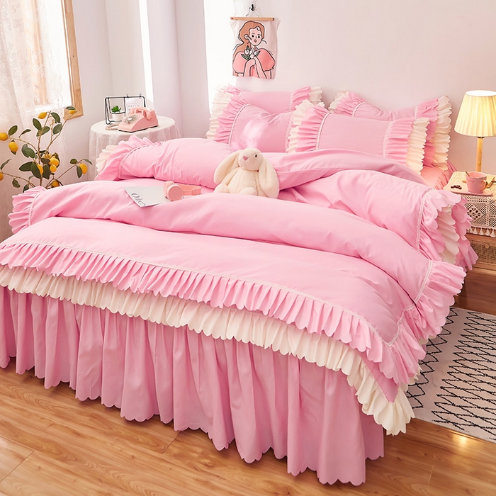 91家纺网 家纺一手货源 找家纺 沐珩家纺 2026新款荷叶边亲肤磨毛单床裙—流年系列 流年-樱粉