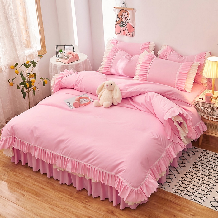 91家纺网 家纺一手货源 找家纺 沐珩家纺 2026新款荷叶边亲肤磨毛单床裙—流年系列 流年-樱粉