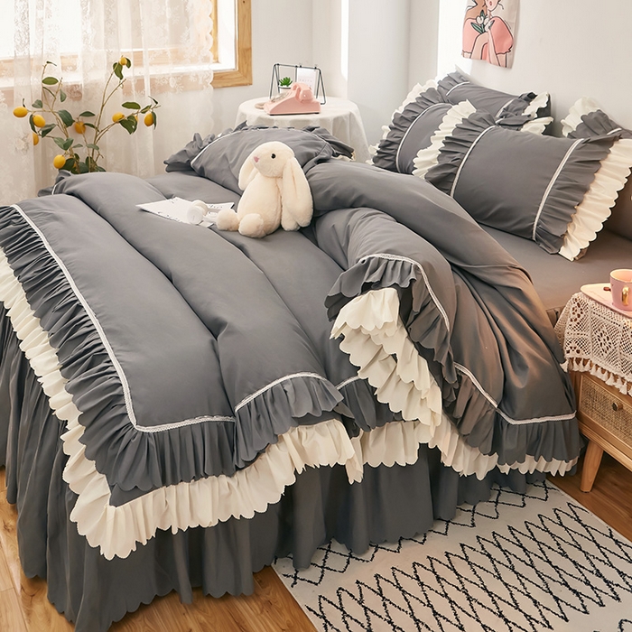 91家纺网 家纺一手货源 找家纺 沐珩家纺 2026新款荷叶边亲肤磨毛单床裙—流年系列 流年-深灰