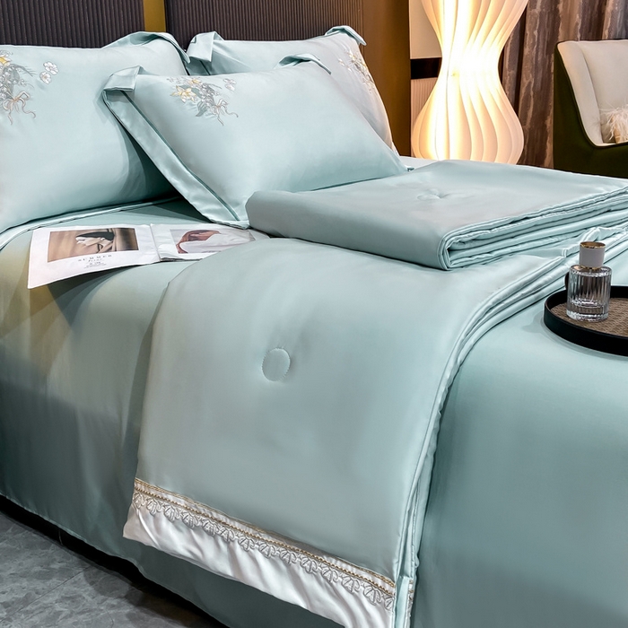 91家纺网 家纺一手货源 找家纺 优贝家纺 2026新款独家专版天丝面料刺绣款繁花夏被四件套 清新绿