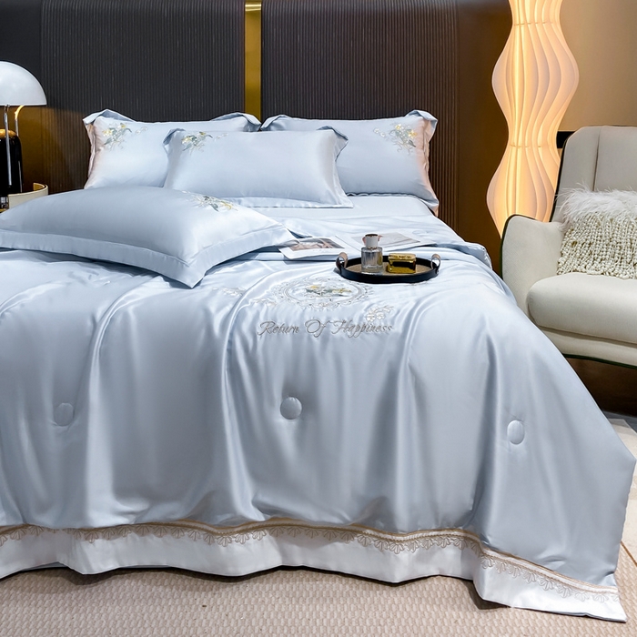 优贝家纺 2026新款独家专版天丝面料刺绣款繁花夏被四件套 天空蓝