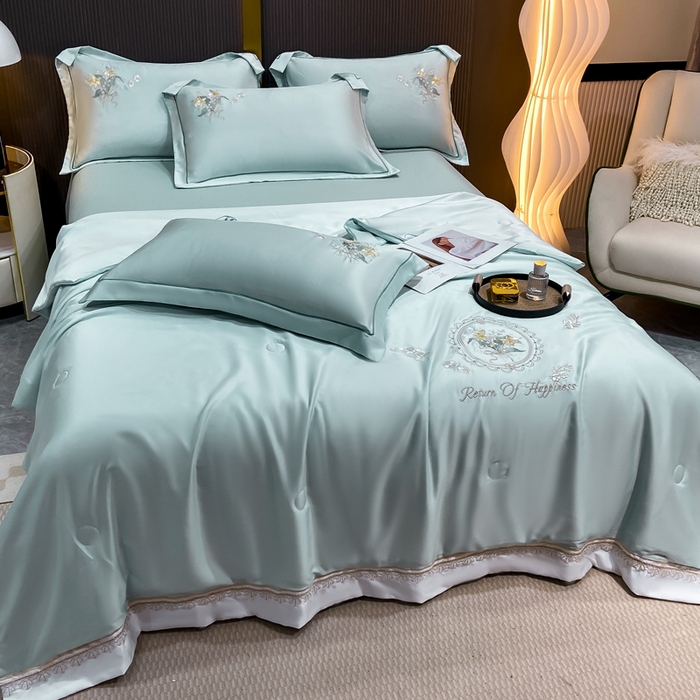 91家纺网 家纺一手货源 找家纺 优贝家纺 2026新款独家专版天丝面料刺绣款繁花夏被四件套 清新绿