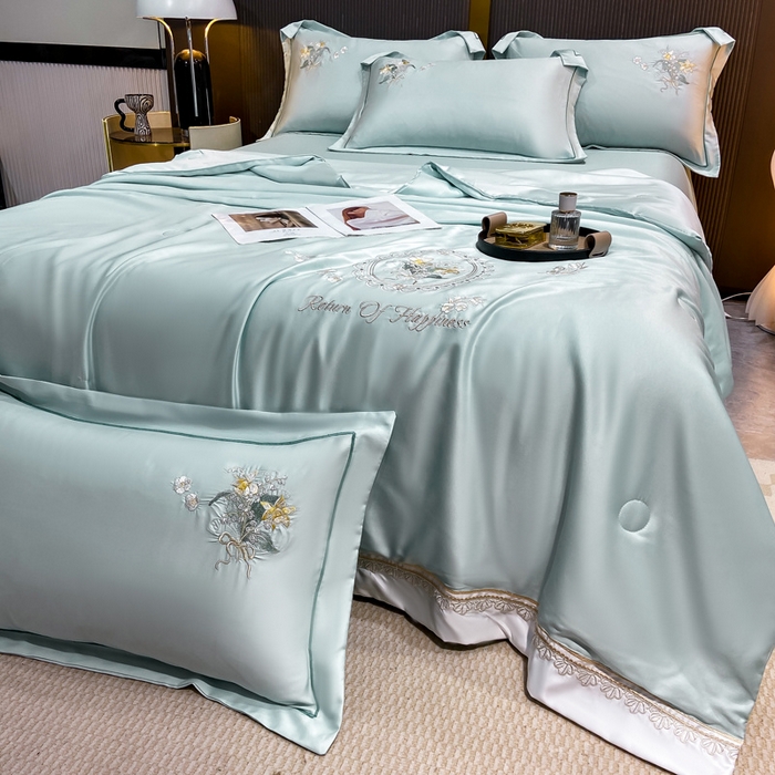 91家纺网 家纺一手货源 找家纺 优贝家纺 2026新款独家专版天丝面料刺绣款繁花夏被四件套 清新绿