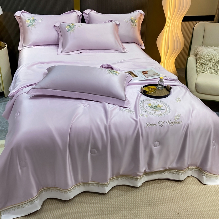 91家纺网 家纺一手货源 找家纺 优贝家纺 2026新款独家专版天丝面料刺绣款繁花夏被四件套 香芋紫