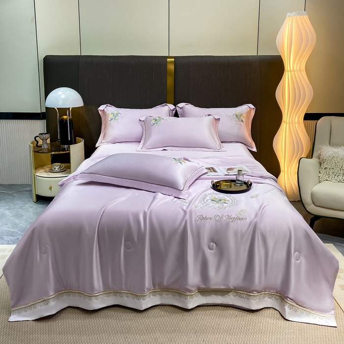 91家纺网 家纺一手货源 找家纺 优贝家纺 2026新款独家专版天丝面料刺绣款繁花夏被四件套 香芋紫