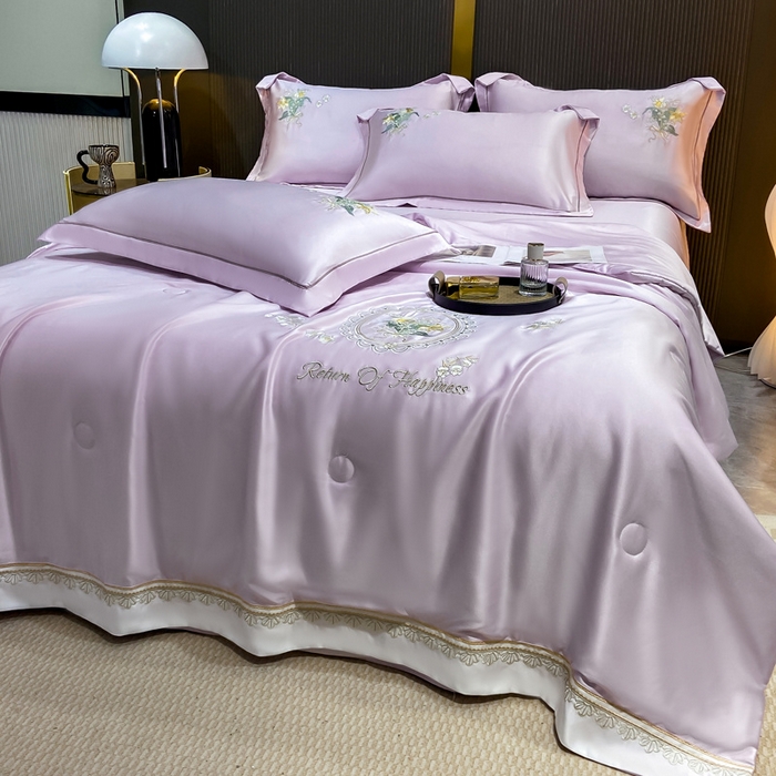 91家纺网 家纺一手货源 找家纺 优贝家纺 2026新款独家专版天丝面料刺绣款繁花夏被四件套 香芋紫