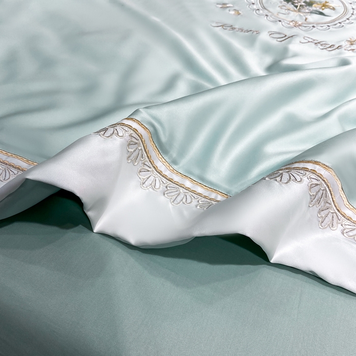 91家纺网 家纺一手货源 找家纺 优贝家纺 2026新款独家专版天丝面料刺绣款繁花夏被四件套 清新绿