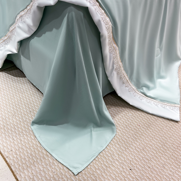 91家纺网 家纺一手货源 找家纺 优贝家纺 2026新款独家专版天丝面料刺绣款繁花夏被四件套 清新绿