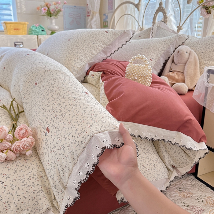 91家纺网 家纺一手货源 找家纺 沐珩家纺 2026新款古法水洗仿棉云感棉花边款四件套单被套 古法-春野樱红