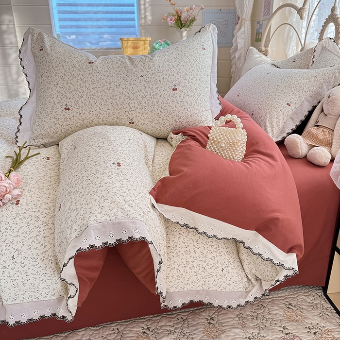 91家纺网 家纺一手货源 找家纺 沐珩家纺 2026新款古法水洗仿棉云感棉花边款四件套单被套 古法-春野樱红