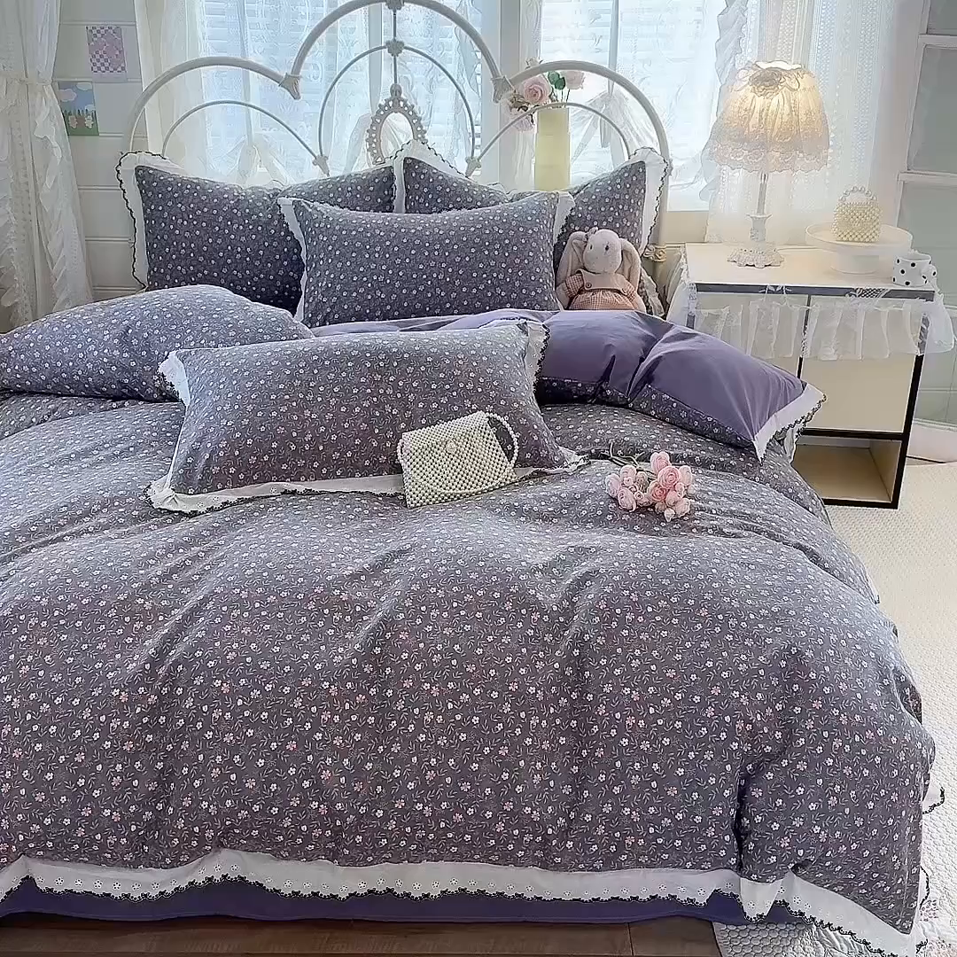 91家纺网 家纺一手货源 找家纺 沐珩家纺 2026新款古法水洗仿棉云感棉花边款四件套单被套 古法-紫藤漫想