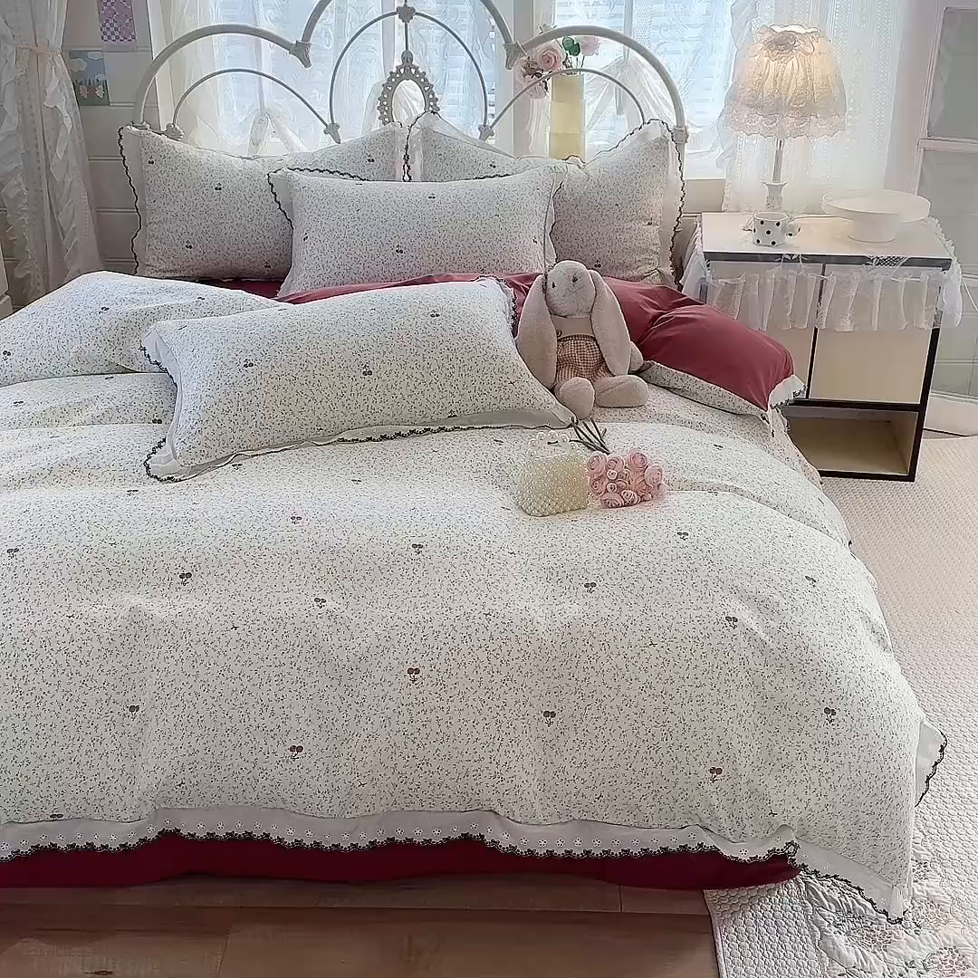 91家纺网 家纺一手货源 找家纺 沐珩家纺 2026新款古法水洗仿棉云感棉花边款四件套单被套 古法-春野樱红