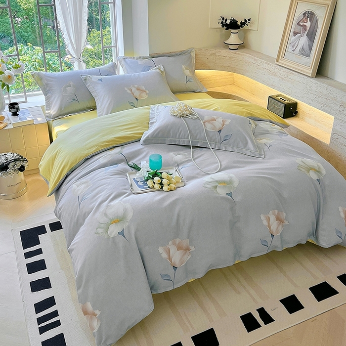 91家纺网 家纺一手货源 找家纺 梧桐树 2026新款高支密全棉纯棉印花四件套 A39江南烟雨灰