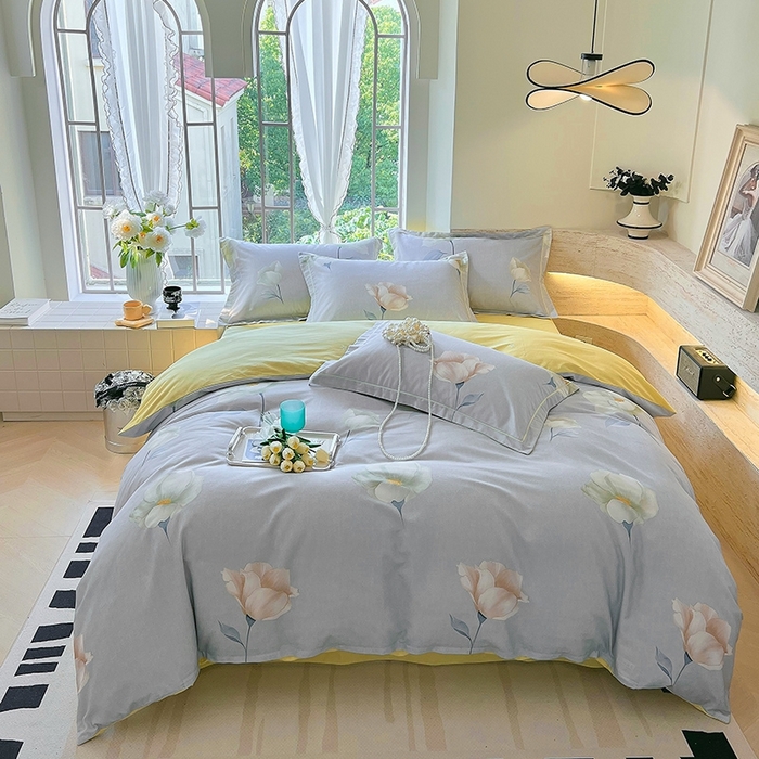 91家纺网 家纺一手货源 找家纺 梧桐树 2026新款高支密全棉纯棉印花四件套 A39江南烟雨灰