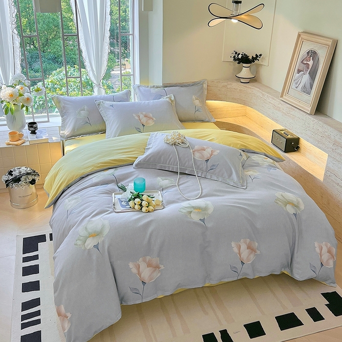 91家纺网 家纺一手货源 找家纺 梧桐树 2026新款高支密全棉纯棉印花四件套 A39江南烟雨灰