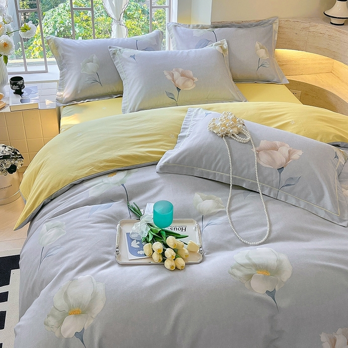 91家纺网 家纺一手货源 找家纺 梧桐树 2026新款高支密全棉纯棉印花四件套 A39江南烟雨灰