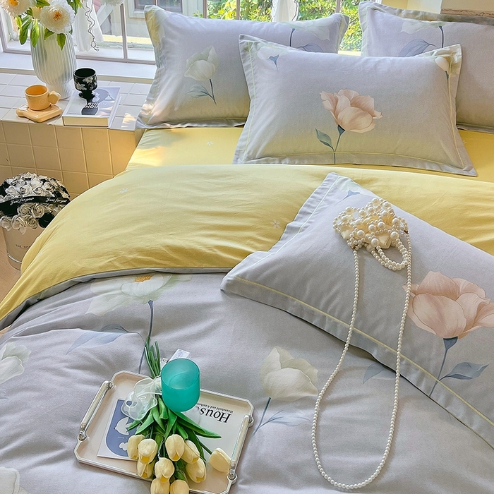 91家纺网 家纺一手货源 找家纺 梧桐树 2026新款高支密全棉纯棉印花四件套 A39江南烟雨灰