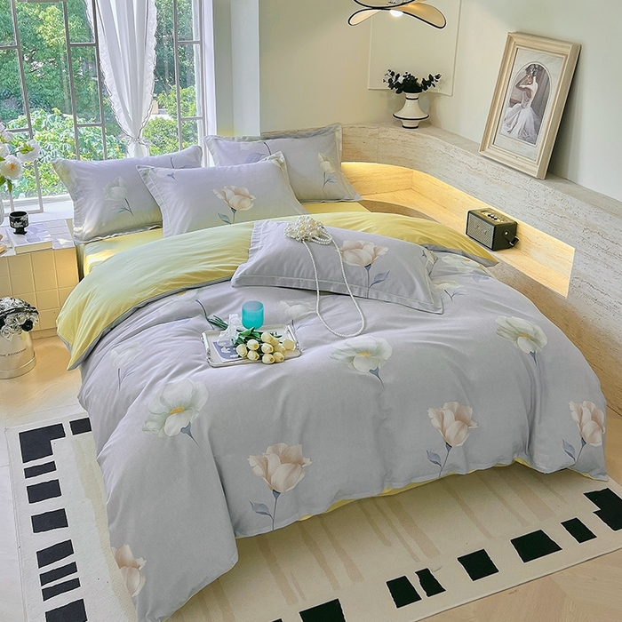 91家纺网 家纺一手货源 找家纺 梧桐树 2026新款高支密全棉纯棉印花四件套 A39江南烟雨灰