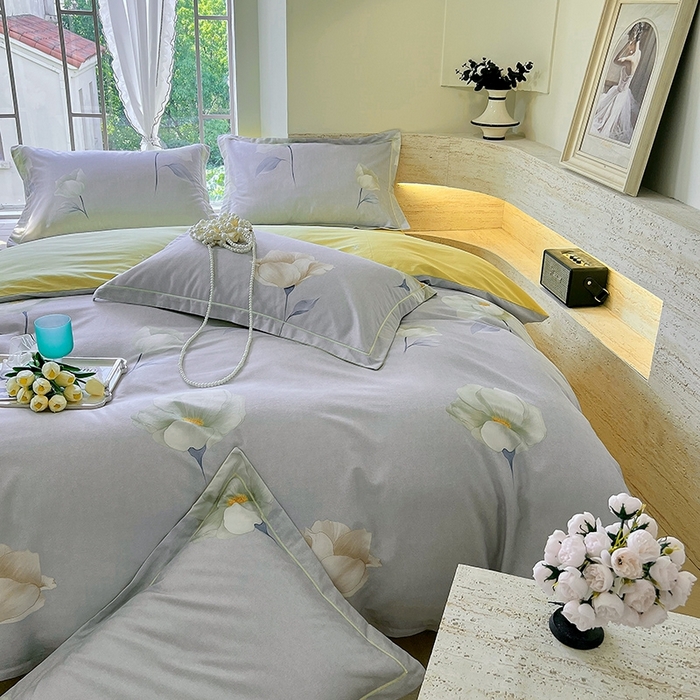 91家纺网 家纺一手货源 找家纺 梧桐树 2026新款高支密全棉纯棉印花四件套 A39江南烟雨灰