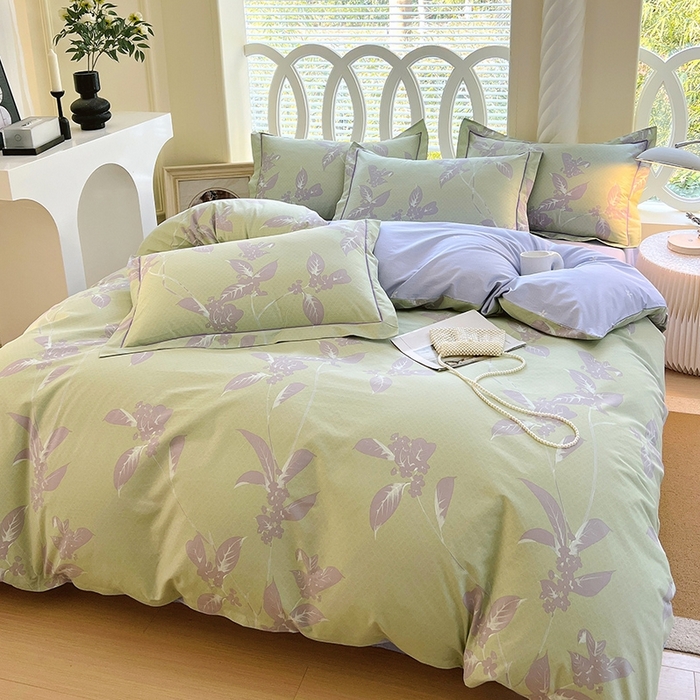 91家纺网 家纺一手货源 找家纺 梧桐树 2026新款高支密全棉纯棉印花四件套 A45午后花茶-绿