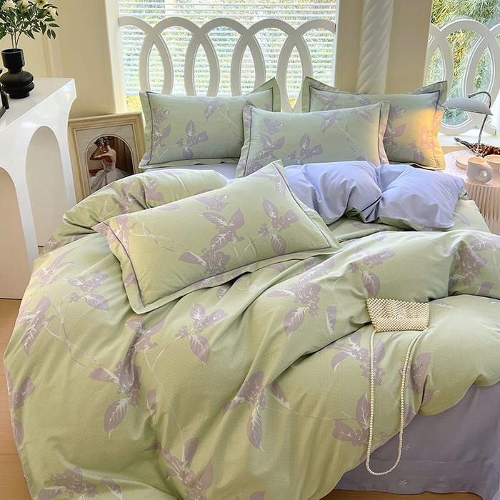 91家纺网 家纺一手货源 找家纺 梧桐树 2026新款高支密全棉纯棉印花四件套 A45午后花茶-绿