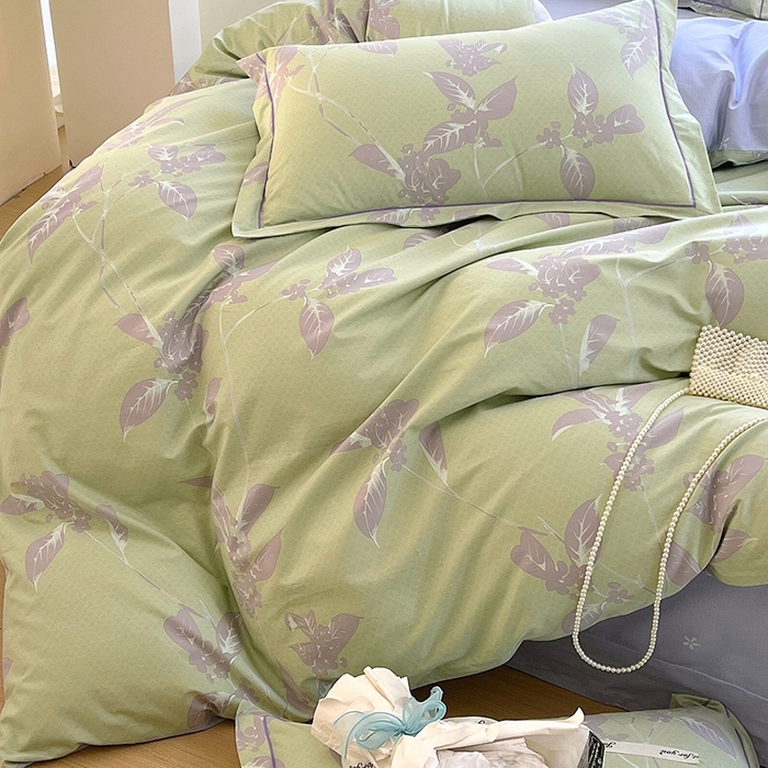 91家纺网 家纺一手货源 找家纺 梧桐树 2026新款高支密全棉纯棉印花四件套 A45午后花茶-绿