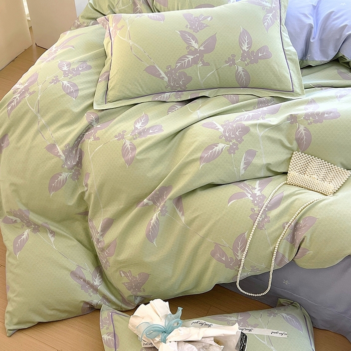 91家纺网 家纺一手货源 找家纺 梧桐树 2026新款高支密全棉纯棉印花四件套 A45午后花茶-绿